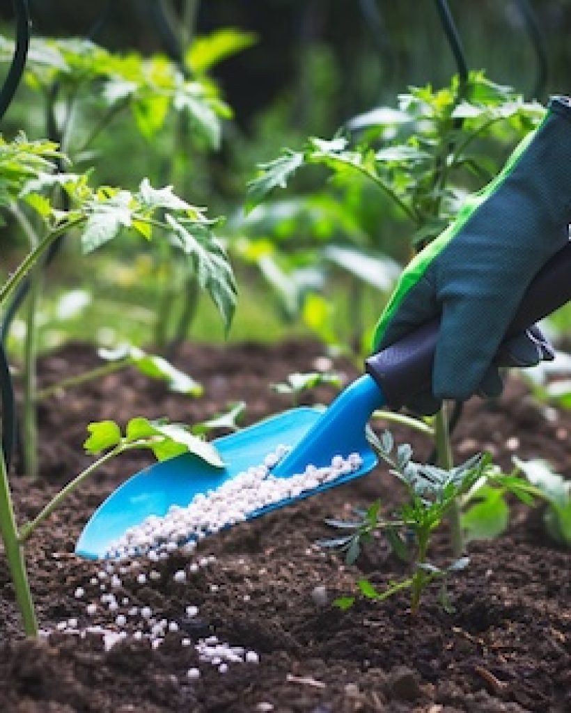 Hand in glove holding shovel and fertilize seedling in organic garden.
